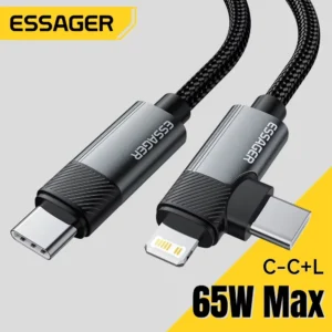 Essager 2 em 1 cabo de ângulo reto pd 65w 29w dados cotovelo carregamento rápido para iphone 15 14 13 macbook lenovo asus dell ipad pro
