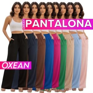 Calça pantalona feminina elástico na cintura com bolso alta tecido duna