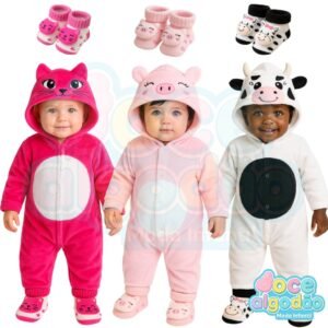 Macacão inverno bebê menina plush + pantufa quentinho conjunto peluciado animais