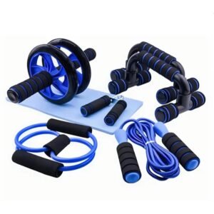 Kit fitness 6 em 1 roda abdominal flexão corda elástico hand grip tapete treino casa