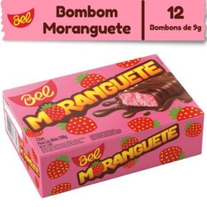 Caixa bombom moranguete com 12un de 9g sabor morango cobertura chocolate bel 108g