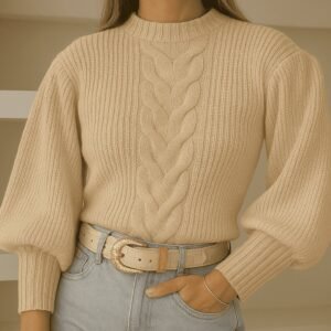 Blusa de frio feminina com trança moda blogueira tendência 2025 tricot manga bufante