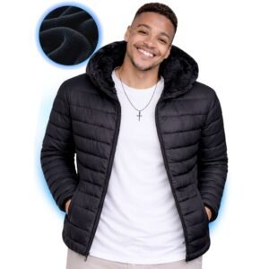 Jaqueta peluciada puffer gominho com capuz removivel masculina forrada + plus size