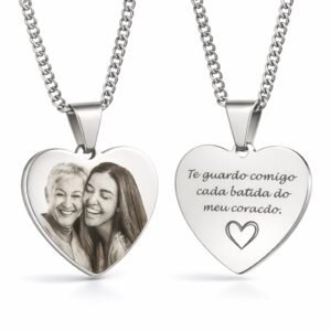 Colar coração personalizado com foto gravada em aço inox amor familia presente pai mãe lembrança