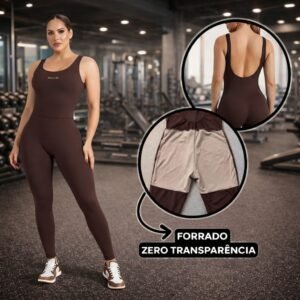 Macacão fitness forrado feminino longo roupa de academia com costas abertas zero transparência