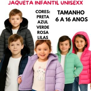 Jaqueta infantil juvenil puffer forrada pelúcia com capuz blusa de frio 4 a 18 anos unisexx vermelha preta verde azul