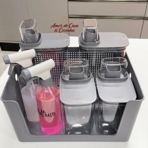 Kit lavanderia 7 peças potes cesto e borrifadores flow escolha sua cor