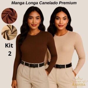 Kit com 2 blusa feminina manga longa segunda pele lisa - canelada premium elastano