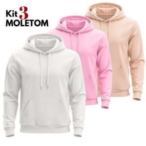 Kit 3 moletom liso unissex casual blusa de frio flanelado algodão masculino feminino casaco com capuz