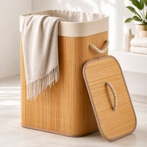 Cesto de roupa bambu dobravel organizador forrado banheiro 72l grande retangular