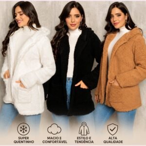 Casaco teddy feminino pelúcia tipo pele de carneiro inverno quentinho macio casual