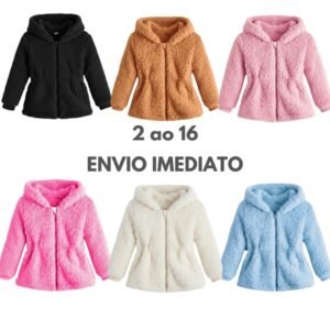 Casaco teddy infantil menina capuz touca com ziper ted tedy forrado quente feminino jaqueta