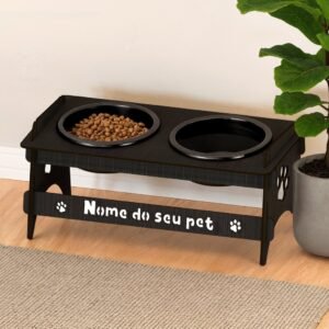Comedouro personalizado com nome para gatos e cachorros pequenos médios de madeira potes plástico