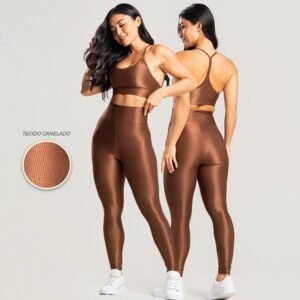 Conjunto fitness feminino trilobal canelado – top alcinha + legging cós alto modelador brilhoso academia e treino