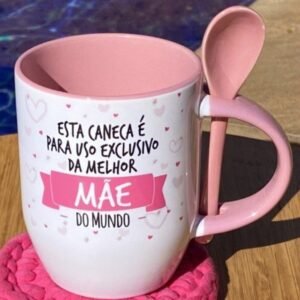 Caneca personalizada uso exclusivo da melhor mãe do mundo + te amo (cerâmica branca 325 ml) - com colher