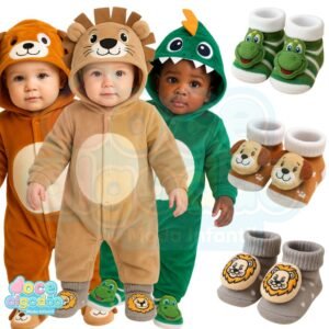 Conjunto de macacão temático bichinhos em plush 3d com pantufa lúdica