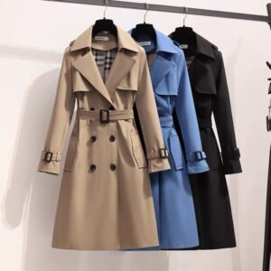 Moda coreana vintage casaco solto mola de outono pólo manga longa duplo peito alto midi windbreaker