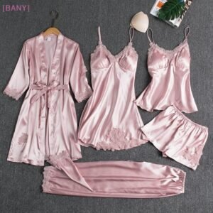 [bany] 5 peças roupão de seda roupa dormir feminina renda sa pijama vestido conjunto com decote em v cami camisola us