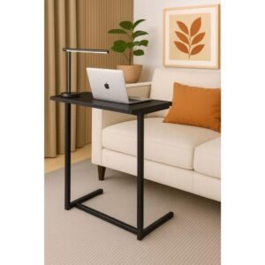 Mesa apoio e suporte lateral notebook cama sofa em aço tampo madeira preta mel