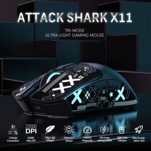 Mouse para jogos tri-mode attack shark x11-sensor paw3311 de 22000 dpi 59g base carregamento magnética rgb ultraleve