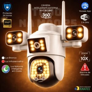[ultra hd] câmera de segurança 360º inteligente 10x zoom 3 lentes wi-fi visão noturna infravermelho
