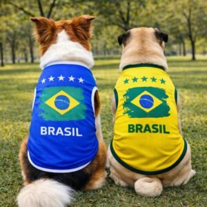 Roupa camiseta regata brasil para pet cachorro gato futebol time copa azul amarela confortável