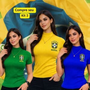 Kit 3 blusas feminina cores brasil copa gola alta canelada manga curta elegante confortável