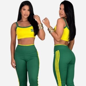 Conjunto feminino brasil cropped alcinha calça flare cintura alta look copa casual