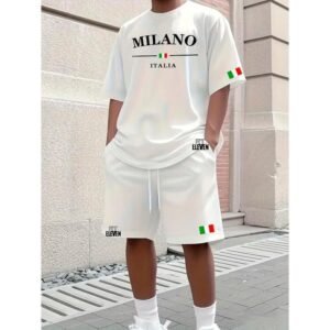 Conjunto camiseta + short moletom estampado milano itália linha premium bermuda com bolso