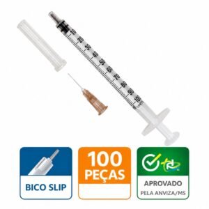 Seringa 1ml com agulha 13x0,45 bico slip descartável para insulina/testosterona (100un)