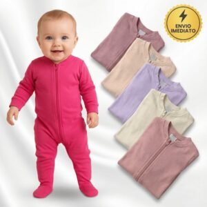 Kit 5 macacão menina liso bebê algodão zíper vira pé inverno infantil macio macacões
