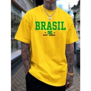 Camiseta masculina brasil 2026 manga curta com gola redonda e estampa da bandeira do casual