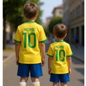 Conjunto juvenil infantil unissex camiseta e shorts brasil personalizado nome amarelo