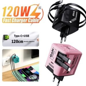 Carregador turbo retrátil 120w tipo-c e lightning carregamento rápido para 3 dispositivos compatível iphone android