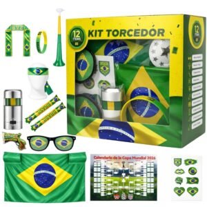 Combo completo torcedor brasileiro copa 2026 bandeira, adesivo, trompete e pintura facial