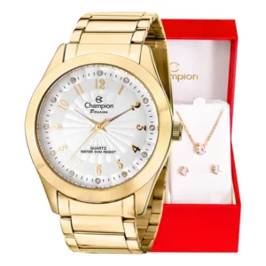 Relógio feminino champion analógico cn29409d 40 milímetros dourado com pulseira em aço inoxidável e kit colar brincos prova d´agua 50m branco