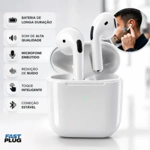 Fone de ouvido bluetooth sem fio bateria longa duração pro 4 branco conecta rápido fast plug com case carregador e microfone