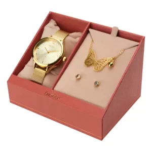 Kit relógio feminino dourado + condor