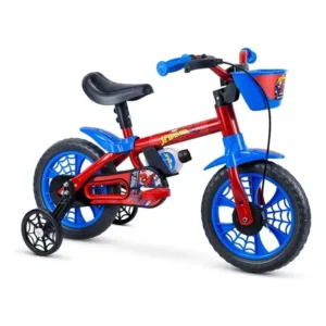 Bicicleta infantil 25 anos nathor homem-aranha aro 12 azul/vermelho com rodinhas de treinamento, selim ajustável e freio a tambor xs