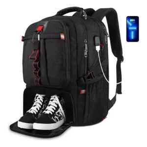 Mochila de viagem 50l esportiva academia impermeável para homem, notebook 17 polegadas, com compartimentos sapatos, porta usb carregamento, yorepek 9822 cor preto
