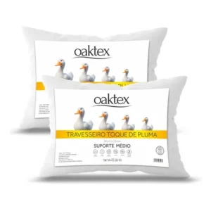 Kit 2 travesseiros 70x50 antialérgico lavável fibra siliconada toque de pluma ganso oaktex cor branco