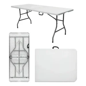 Mesa dobrável vira maleta com alça portátil 1.80m para camping pesca jardim área externa ou interna salão de festas gourmet cor brancoluvinco