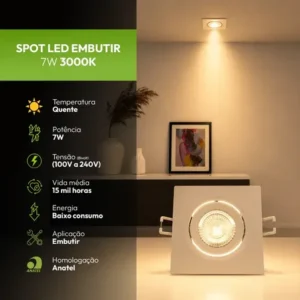 Kit 10 spot led embutir 7w 3000k branco quente 110v/220v bivolt quadrado cod: alut000601 alut 127/220v