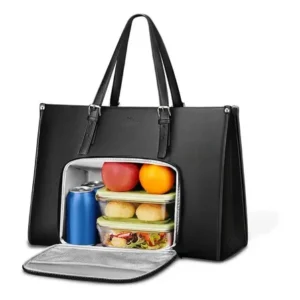 Bolsa feminina para notebook com compartimento térmico almoço tote executiva pu couro 15,6 polegadas mochila conversível leve trabalho e escritório, matein 1447 cor preto liso