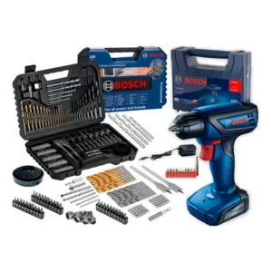 Furadeira parafusadeira sem fio de 6mm bosch gsr 1000 smart c/ maleta + jogo kit pontas brocas 103 peças azul 127/220v