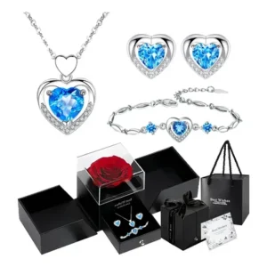 Caixa de presente com colar feminino coração e rosas, colar, pulseira brincos femininos no formato conjunto, um para mulheres dia dos namorados, das mães natal. azul