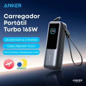 Carregador portátil power bank anker 25000mah 165w cor preto carga turbo rápida com 4 portas e 2 cabos usb-c integrados, tela digital compatível notebook, macbook, iphone, samsung airpods