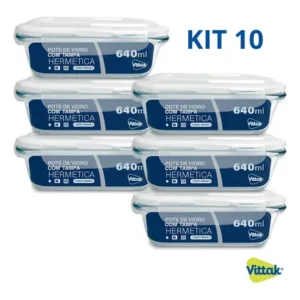 Vittak kit 10 potes vidro hermético com 4 travas marmita microondas freezer transparente 640ml