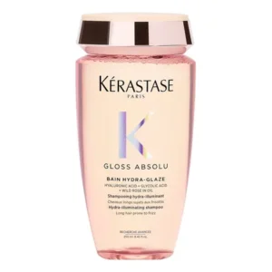 Kérastase, bain shampoo, gloss absolu, hydra glaze, ação anti-frizz com ácido hialurônico, glicólico e óleo de rosa silvestre, potencializa o brilho 250ml