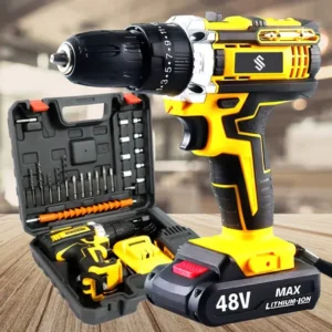 Parafusadeira furadeira c/ 2 baterias maleta kit completo led eixo flexível vários níveis torque amarelo 127/220v 60 hz